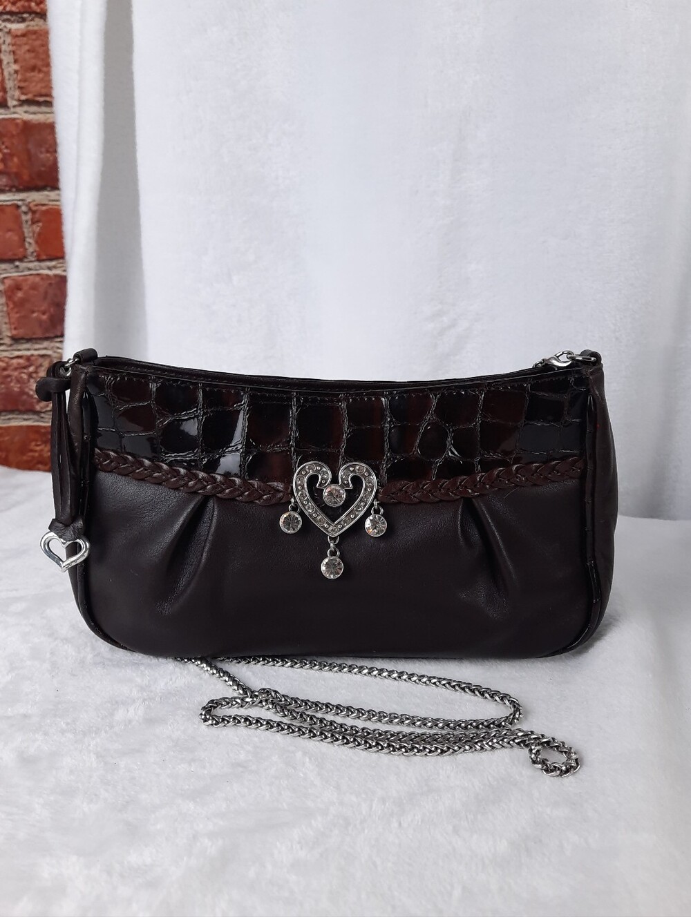 Brighton Brown Leather Croc Embossed Crystal Heart Chain Shoulder Bag